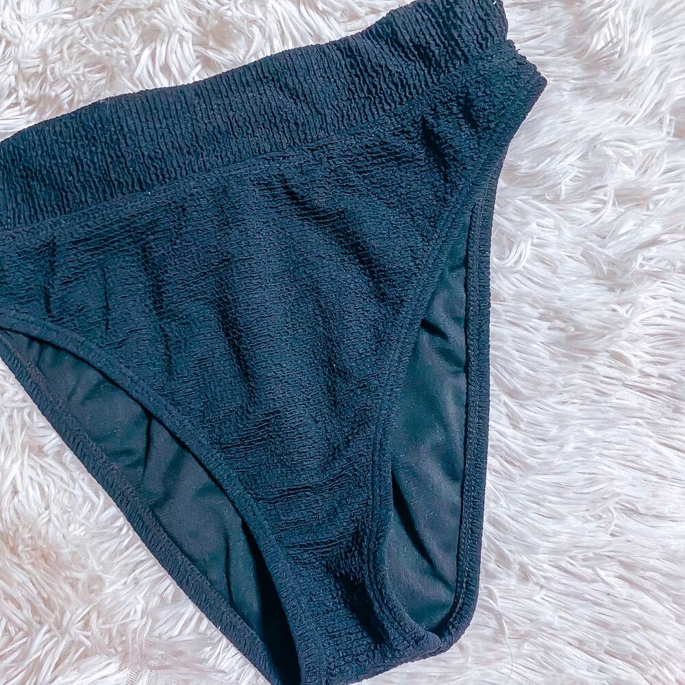 CROWN & IVY • Cabana Black Textured High Cut Banded Swim Bikini Bottoms